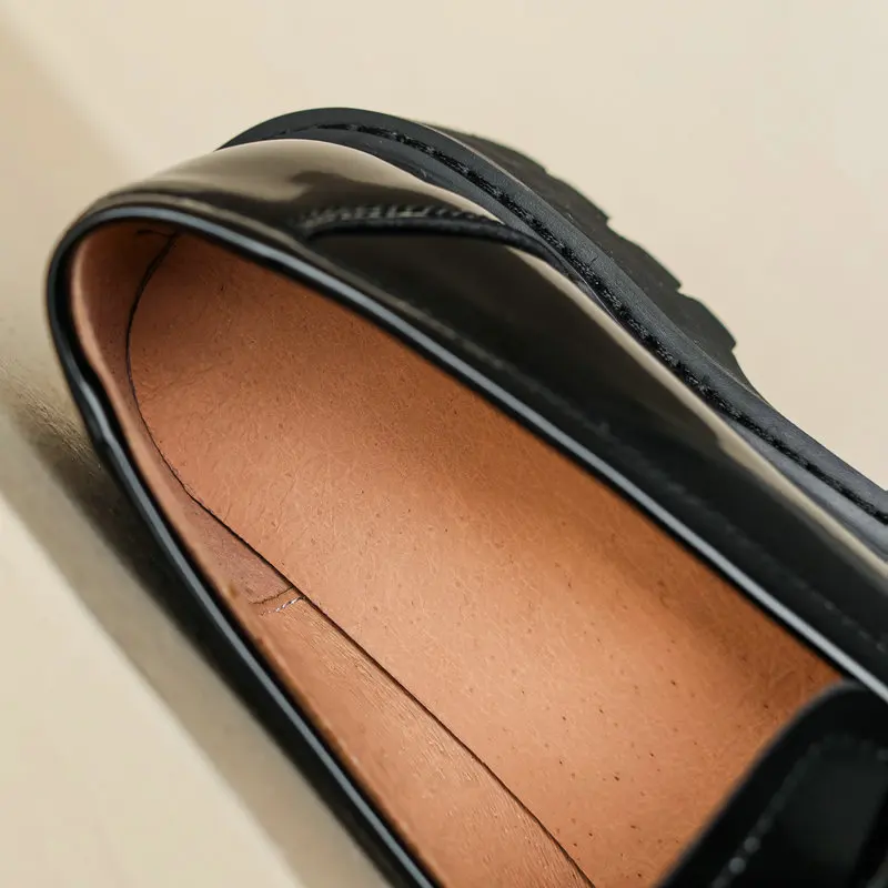 Loafer Shoes Women Platform Pumps Genuine Leather Thickened Flats Office Lady Comfy Soft Classic Black White 4cm Med Heels