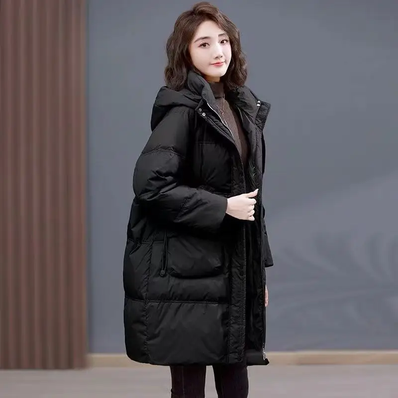 2023 Women's Winter Fashion Thick Warm Hooded Jackets Female Long Cotton-padded Coats Ladies Solid Color Loose Outerwear S352