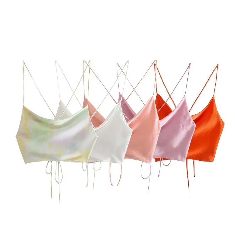 

TRAF Top Women Satin Top Woman Orange Summer Crop Top Female Backless Pink White Top Women Straps Sleeveless Sexy Tanks Camis