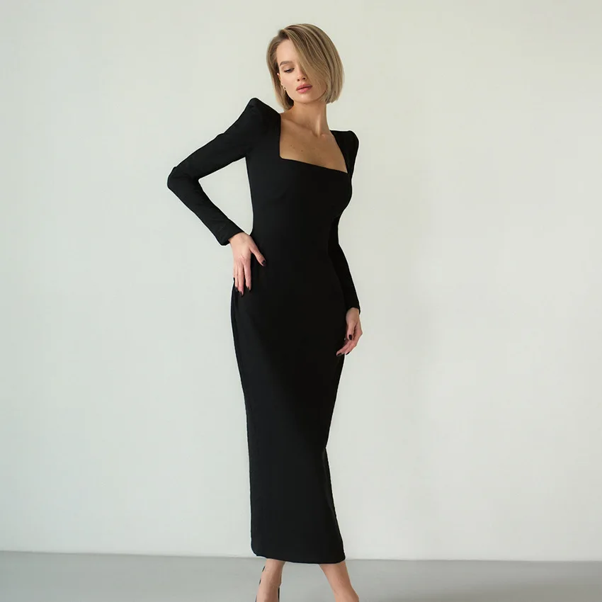 

2023 New Spring Autumn Elegant Black Bodycon Dress Stretch Square Neck Long Sleeve Party Dresses Women Split Solid Sexy Dress
