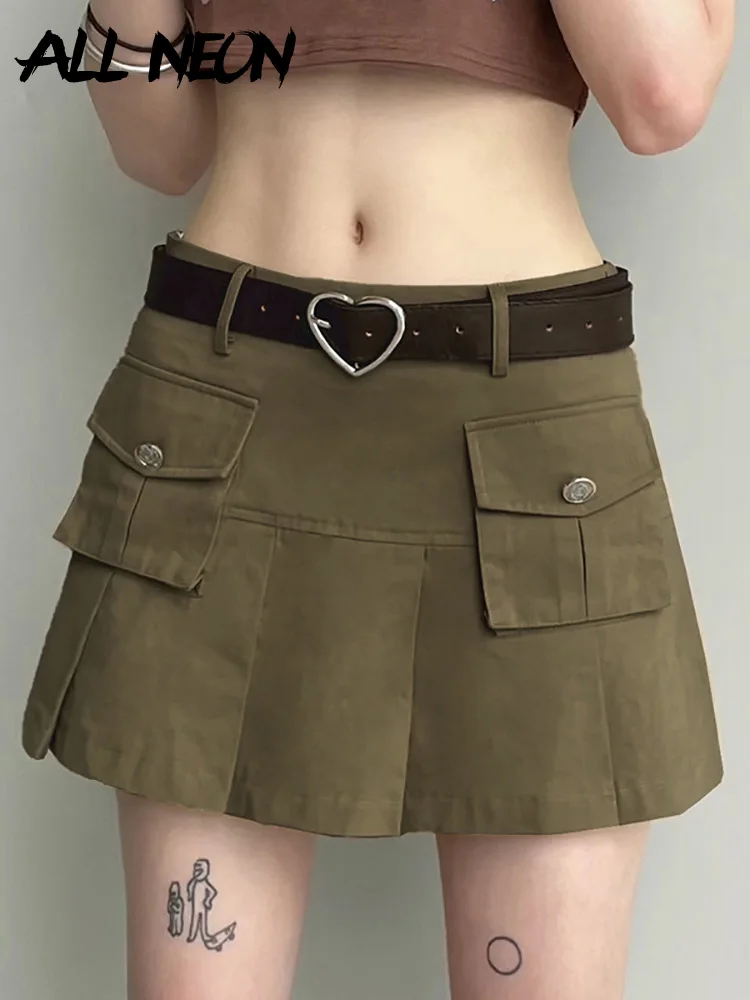 

ALLNeon E-girl Grunge Low Waist Cargo Skirt Women Aesthetics Y2K Retro Pockets Trim Pleated Micro Skirt A-line Khaki Bottom Cute