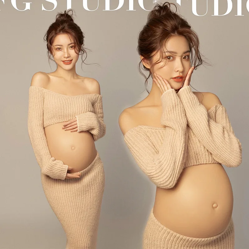 Women Photography Props Maternity Dresses Pregnancy Knitted Tops Skirt Casual Studio Photoshoot Clothes 2pcs