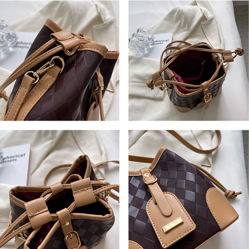 Women New Retro Fashion Bucket Shoulder Bags Contrast Rhombus Crossbody Bags Simple Portable Trend Commute Mobile Phone Storage