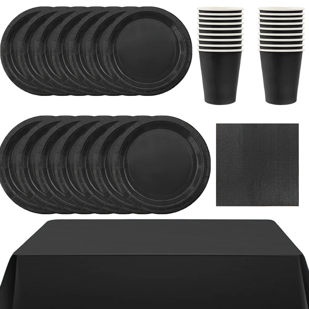 Однотонные черные наборы украшения для дня рождения одноразовая посуда бумажные