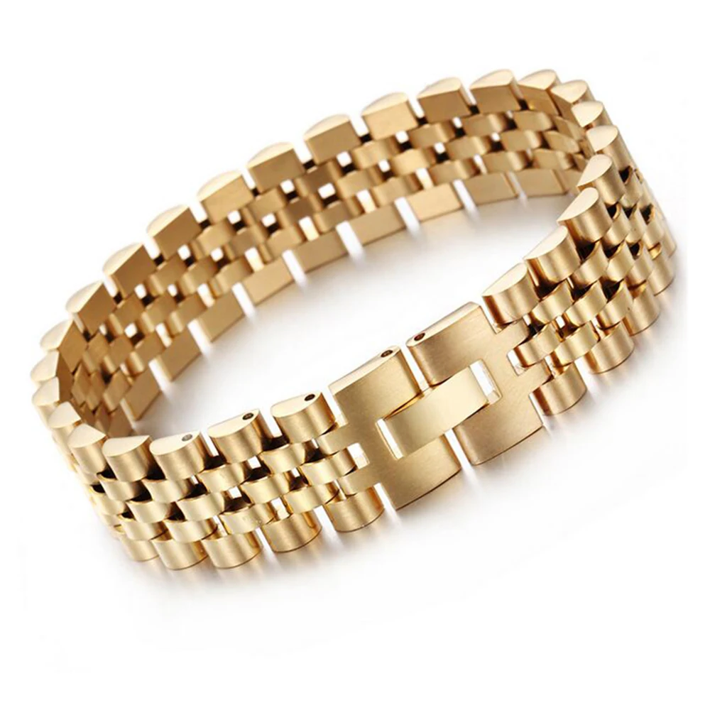 

15MM Men Women Biker Watchband Strap Link Bracelet Punk Hiphop Gold Color Stainless Steel Watch Chain Bracelets Bangle Jewelry