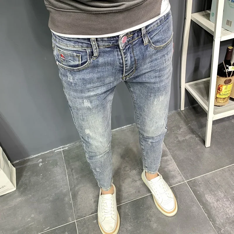 Джинсы мужские легкие в стиле ретро модные брендовые облегающие штаны с вышивкой