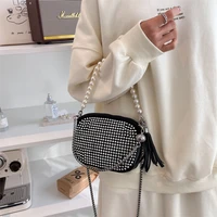2022 trend bright diamond beads pu leather crossbody bag women luxury brand chain shoulder bag handbag tassel