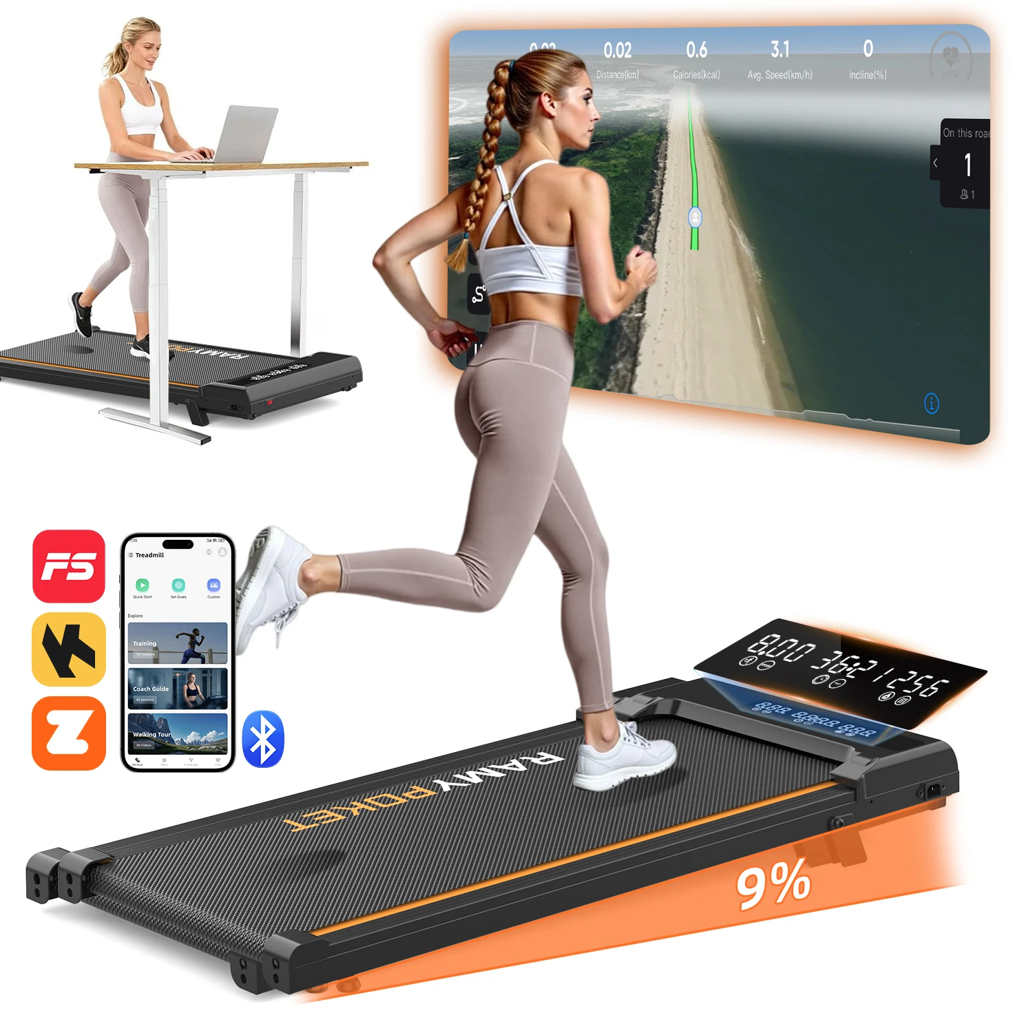 RAMYPOKET 9% Incline Treadmill 2.5HP APP Motor Speed 1-8km/h Mini Treadmill Installation Free Low noise Walking Pad for Home