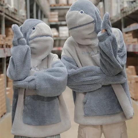 Y2K Women's Hoodie Kawaii Closed Shark Lamb Sweatshirt Jacket Women's Winter Cashmere Loose Hooded Top Lovely Couple Sweater