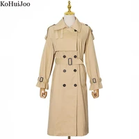 kohuijoo 2022 spring fashion double breasted casual trench england style design belt long windbreaker coat for women khaki