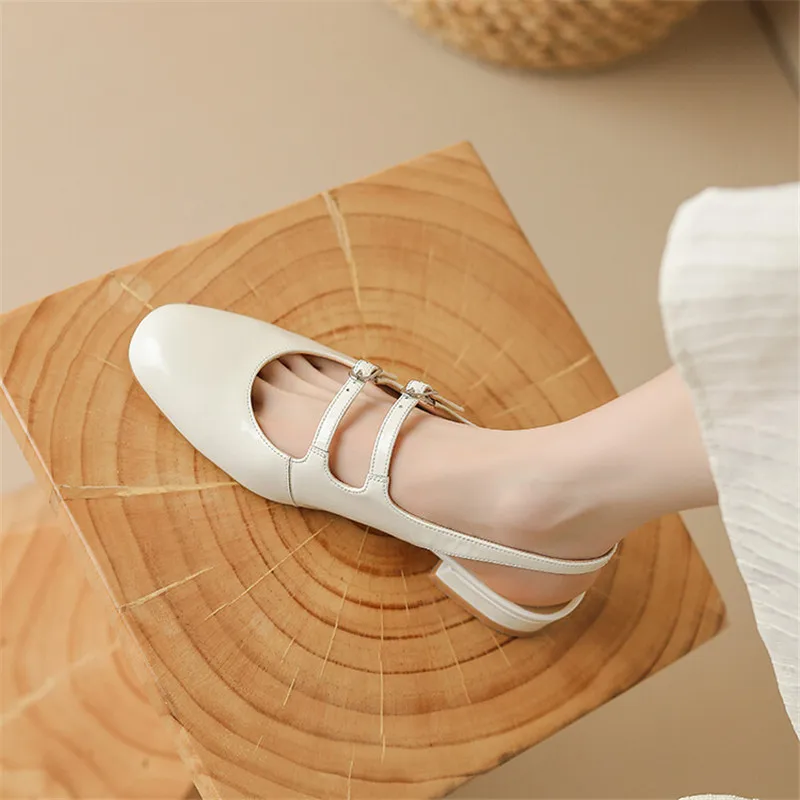 Сандалии женские из спилковой кожи босоножки с круглым носком французская ретро