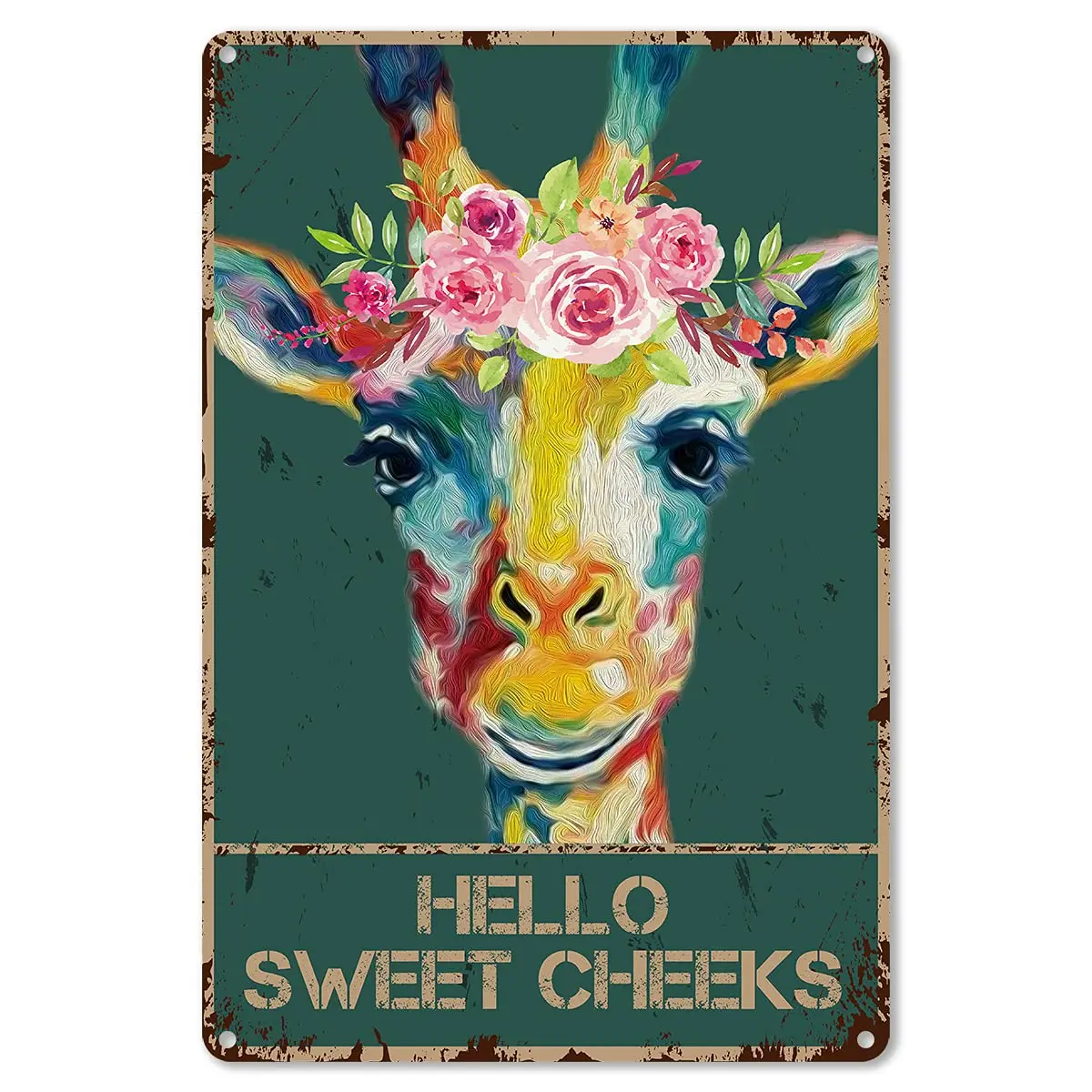

Bathroom Quote Metal Tin Sign Wall Decor - Vintage Hello Sweet Cheeks Giraffe Foral Crown Tin Sign for Toilet Bathroom WC Washr