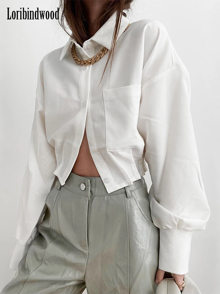

Casual White Fashion Woman Blouses 2022 Elegant Lapel Long Sleeve Office Tops Streetwear Short Shirts For Women Pockets