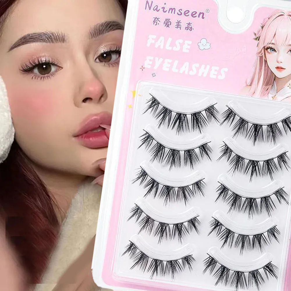 

5Pairs Daily Eye Makeup Natural Wispy Manga Lash Extension Little Devil Transparent Stems Comic Eye Reusable False Eyelashes