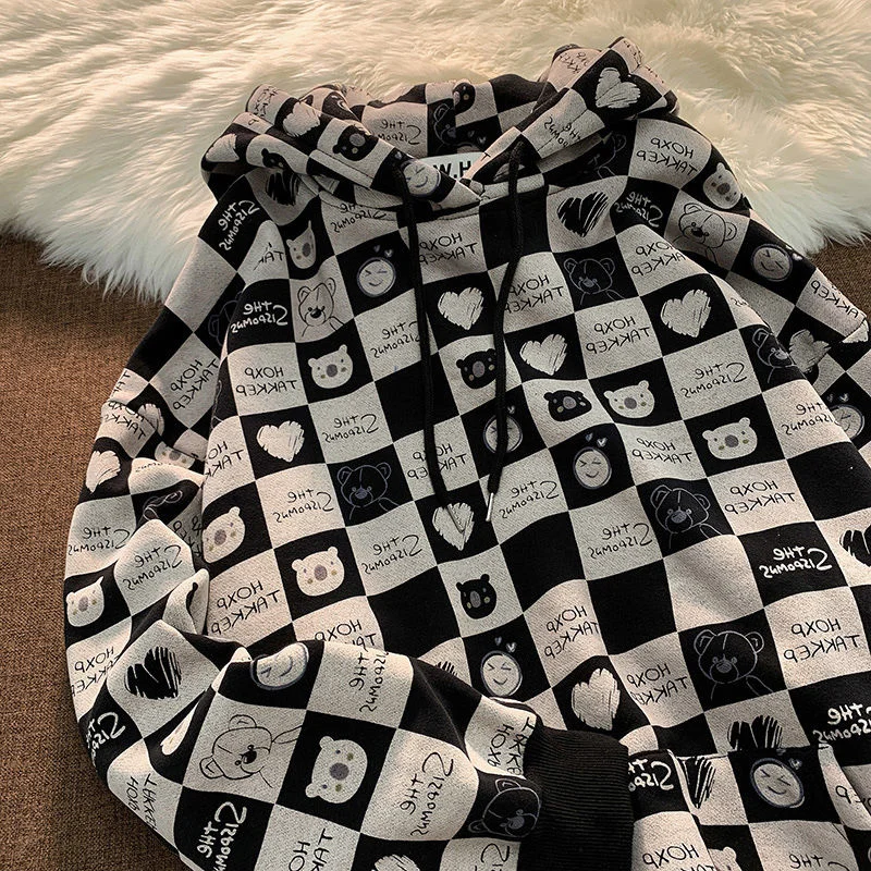 

Розовый шикарный свитер в американском ретро-стиле, в клетку с медведем, женское плюшевое утепленное пальто большого размера с капюшоном, т...