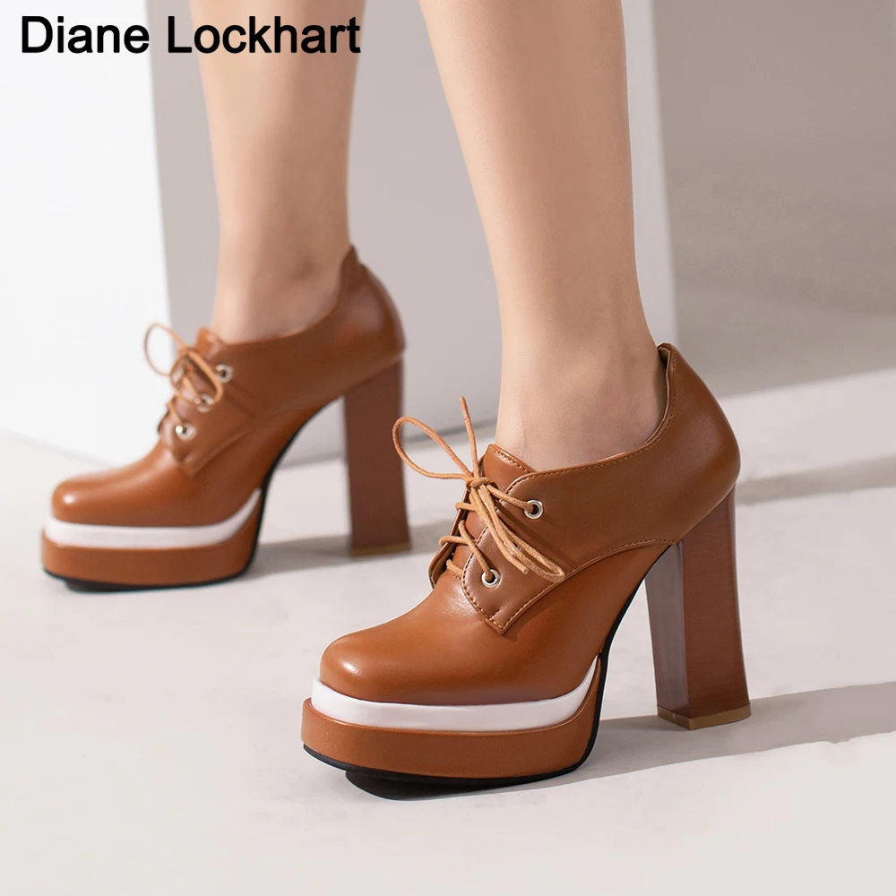 

British Women Platform Pumps PU Leather Painted Square Toe Chunky Block High Heel Derby Brogues Casual Lace-up Oxfords Lady Shoe