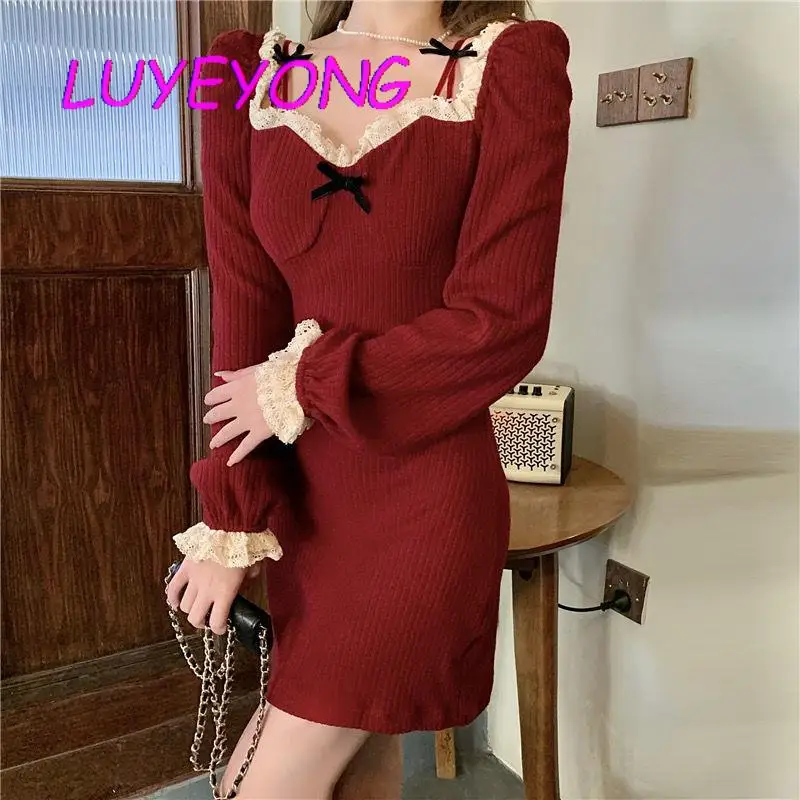 

Lady Slash Neck Mini Empire Lace Spliced Strap Bow Street Dresses Women Knit Off Shoulder Black Red Gothic Dress 2022 Spring