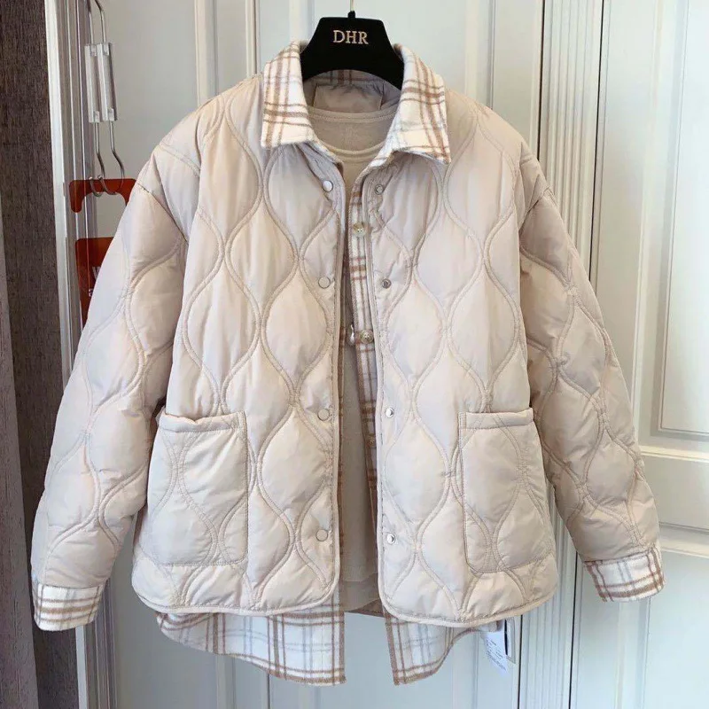 Autumn and winter new thickened harbor style loose stitched Vintage Plaid Shirt fake two-piece cotton jacket female