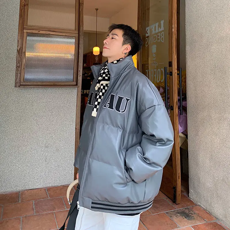 Solid Color Loose Simple Down Jacket Plus Velvet Thick Warm Autumn and Winter New Fashion Trend Letter Printing Cotton Coat