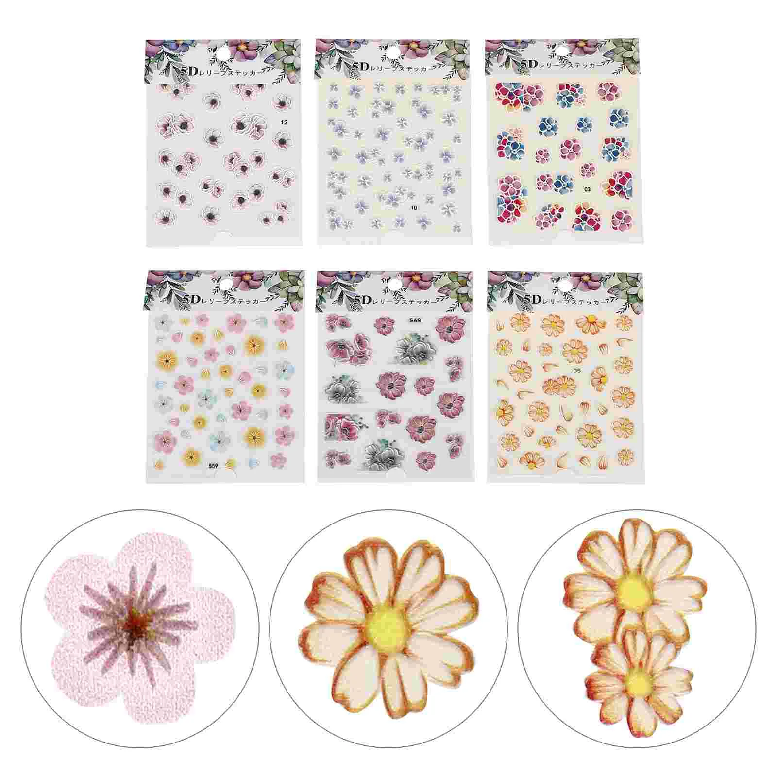 

6 Sheets Flowers Nail Self-adhesive Stickers 5D Flowers Embossed Nail Stickers