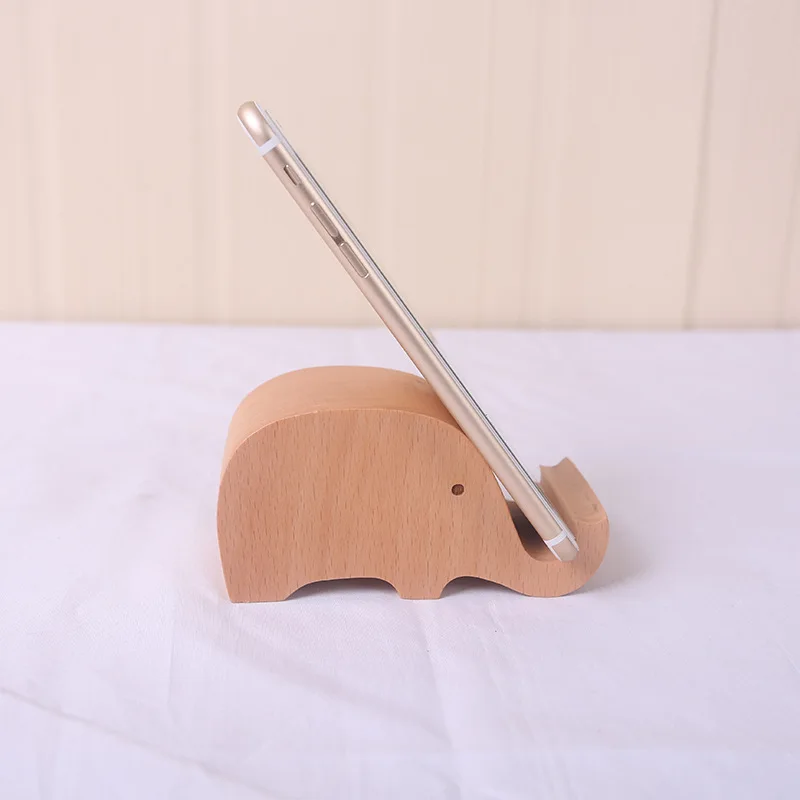 

Creative Elephant Figurine Wooden Mobile Phone Holder Figurines Beech Wood Crafts Cartoon Animal Desktop Decoration Accessories