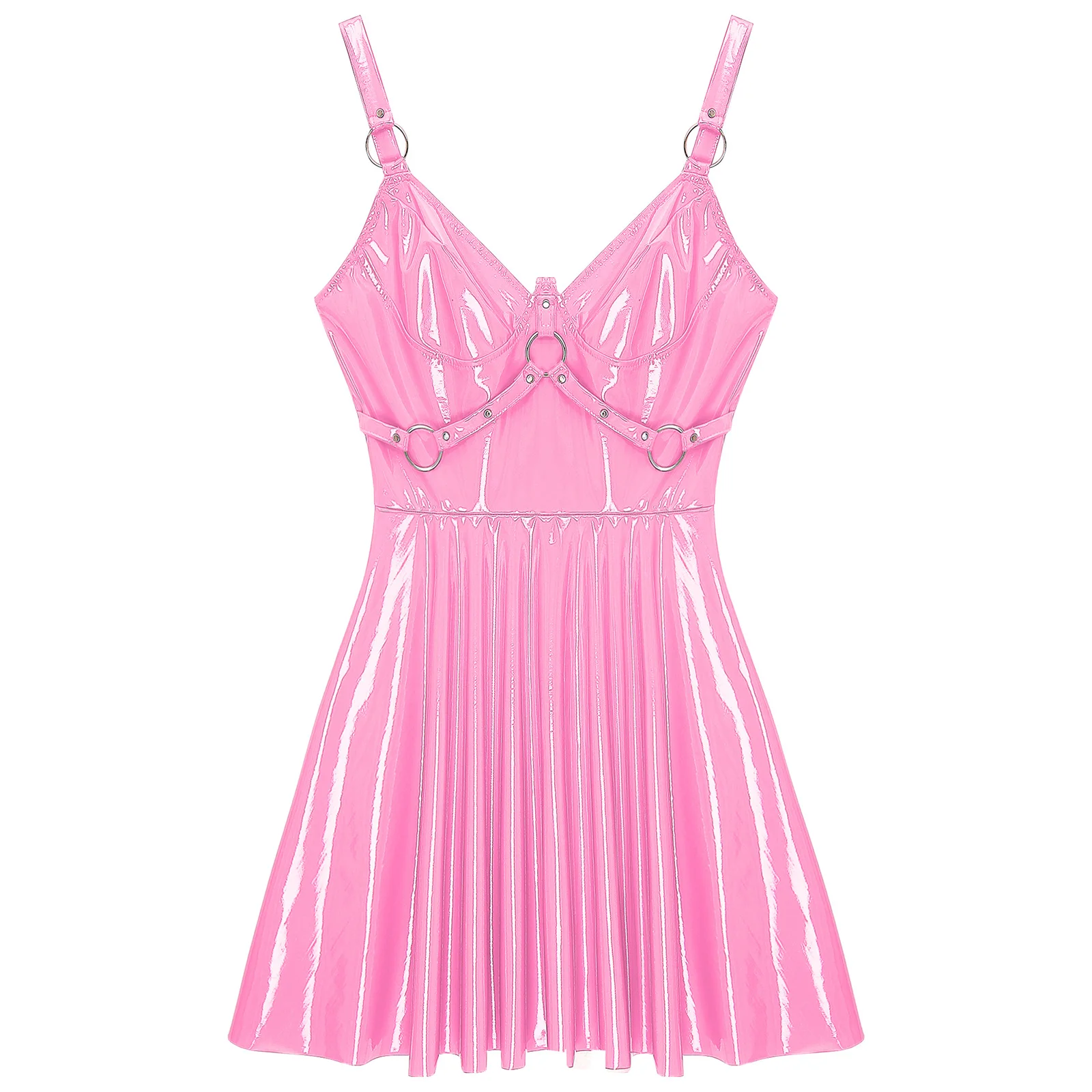 Женское платье из латекса и лакированной кожи с круглым вырезом заклепками