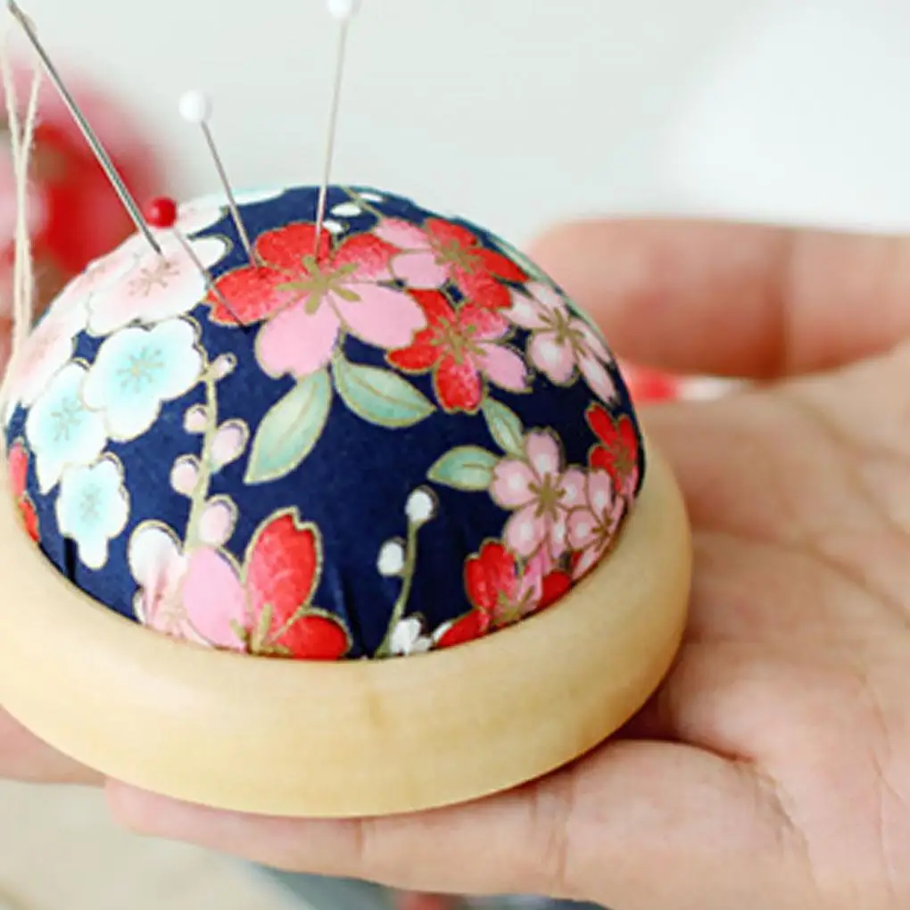 

1pc Vintage Half Round Pin Cushion Wooden Base Sewing Cushion Polyester Printed Flower Pincushions Home Knitting Pin Holder