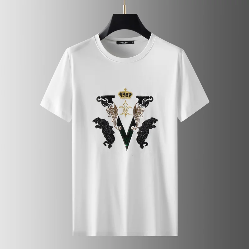 

European and American fashion handsome sequin embroidery T-shirt men's short-sleeved 2023 summer youth sweatshirt luxury top