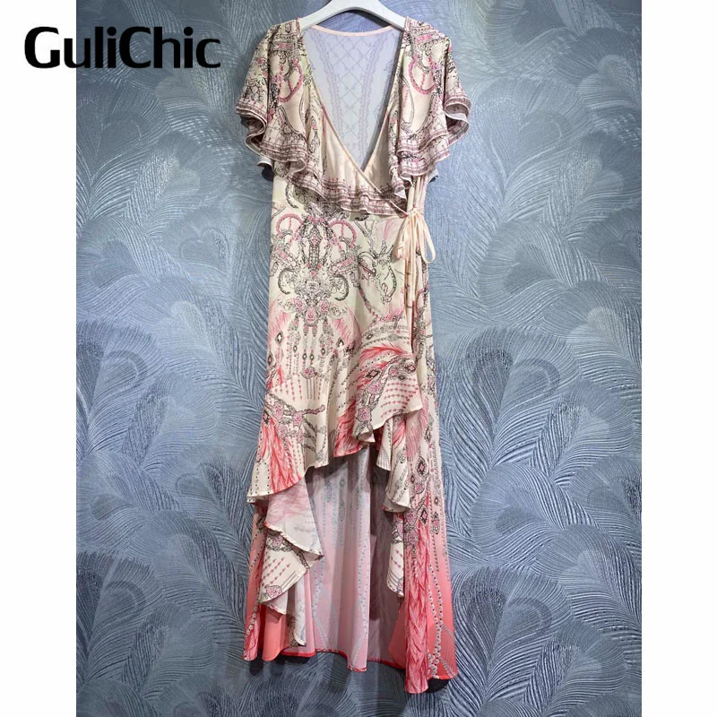 

7.4 GuliChic Women V-Neck Butterfly Sleeve Diamonds Vintage Print Collect Waist Slim Irregularity Ruffles Temperament Dress