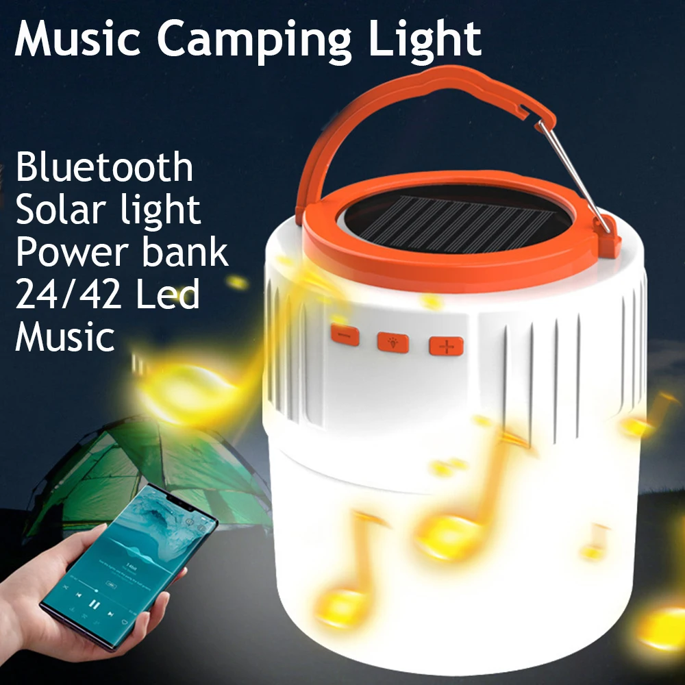 

2022 New Solar Camping Light Bluetooth Audio Light Music 2*18650 Rechargeable LED Bulb Light Outdoor Tent Lamp Emergency Lamp