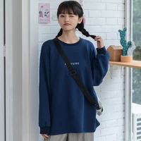 dark blue simple loose casual pullovers women o neck drop sleeve preppy style sweatshirts cartoon printed cotton sweatshirts