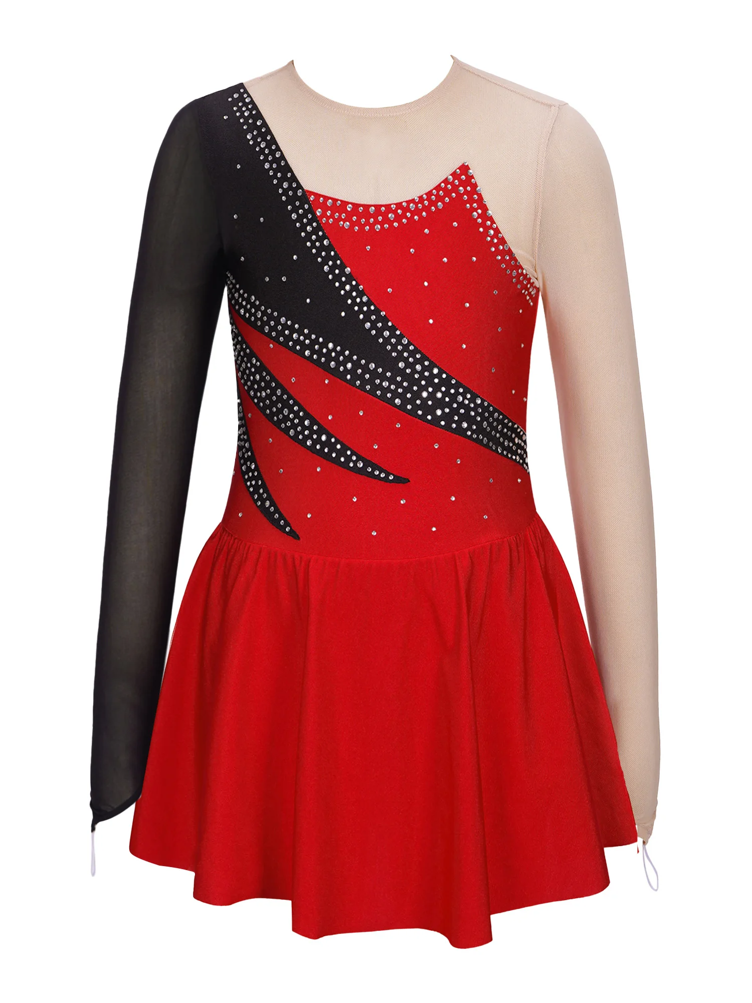 

Kids Girls Patchwork Dresses Long Sleeve Round Neckline Contrast Color Rhinestone Decorated Hollow Back Skating Dance Dress