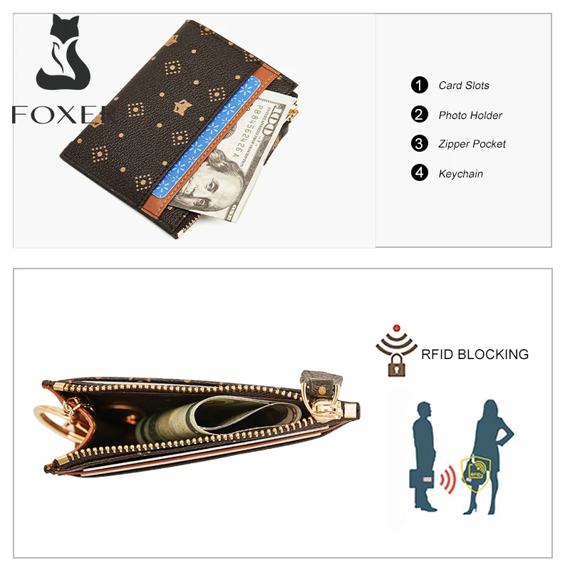 FOXER Female Monogram Coin Packet PVC Leather Card Holder Women Small Wallet Gifts For Lady Stylish Girl's Short Purse Key Cases