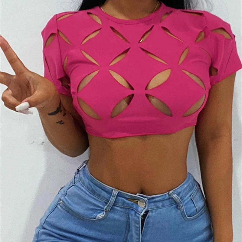 

Geometric Hollow Short Sleeve Top Summer Y2k Hot Girl Sexy Navel Perspective T-Shirt O-Neck Basic Vest Slim Short Sleeve Tops