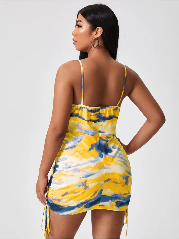 Spot fat mm temperament commuting waist strap type short skirt yellow tie-dye printed strap dress plus size summer dresses