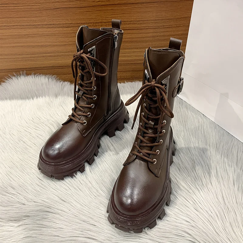 Round toe square heel cross lace women's boots for fall/winter 2022 new fashion platform side zipper women's casual ankle boots