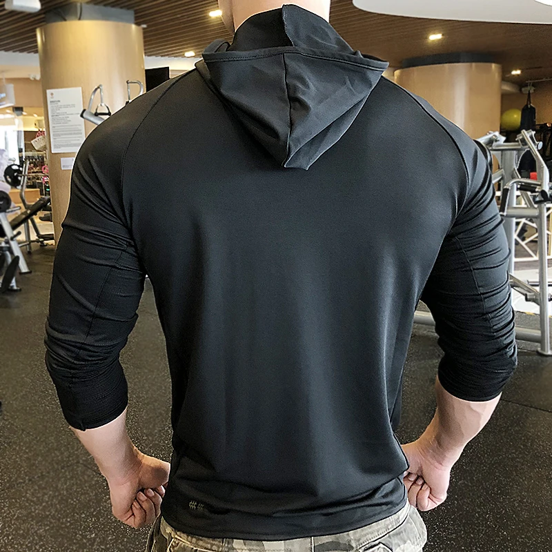 Men Running Training Jackets Loosed Elastic Breathable Hooded Quick Dry Long Sleeve Hoodies Male Basketball Gym Casual Sportwear
