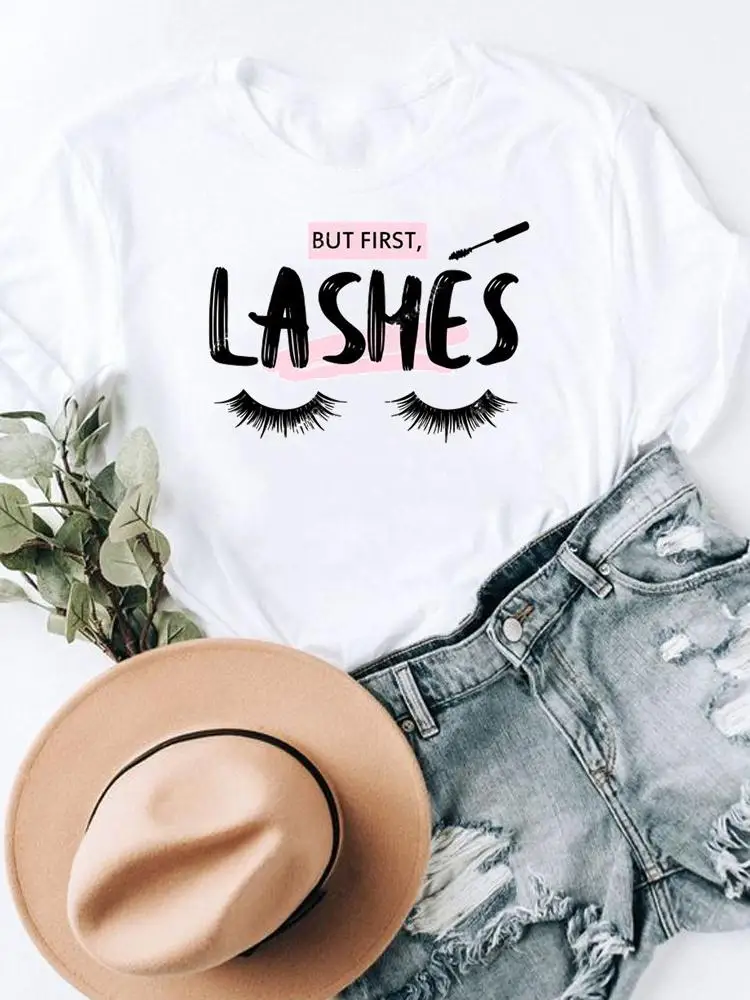 

Print Summer Graphic Tee Fashion Short Sleeve Clothes Letter Eye Lashes Sweet 90s Women Clothing T Female Casual T-shirts