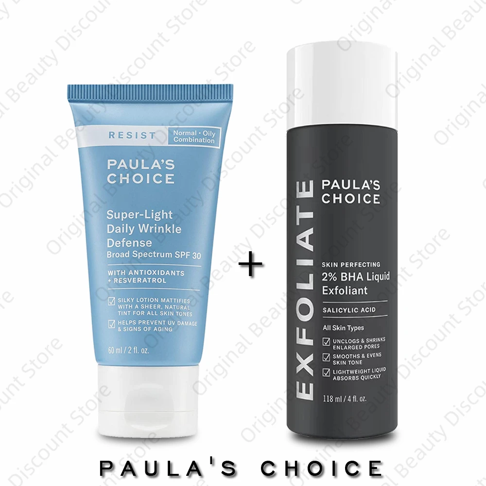 

2Pcs/set Paulas Choice Super-Light Daily Wrinkle Defense Broad Spectrum SPF 30 + SKIN PERFECTING 2% BHA Liquid Exfoliant