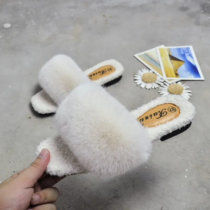 

2023 Autumn and Winter Women's Plush Slippers Korean Women's Indoor Cool and Slippers Warm at Home Plush Flat Heels slides