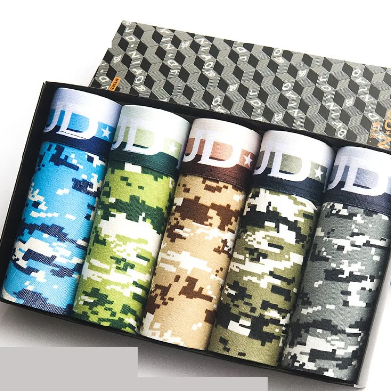 

5PCS Men's Underwear Cotton Boxer Shorts USA Flag Floral Geometric Camou Printed Panties Underpants