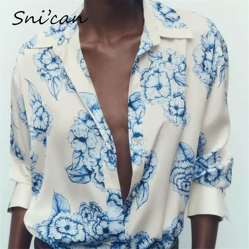 

Blue Flower Print Women Blouse Basic Elegant Office Ladies Shirts chemise blanche femme Loose Oversize Chic Tops Outwear New