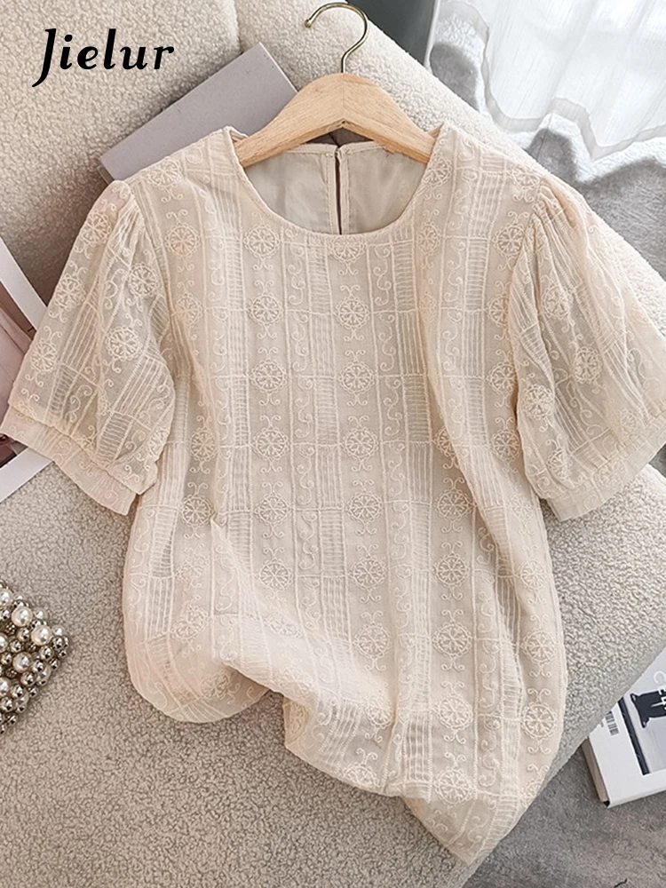

Jielur Summer New Lace Chiffon Women Blouse Embroidered Casual Solid Color Female Top Sweet Loose Ladies Apricot Half Sleeve