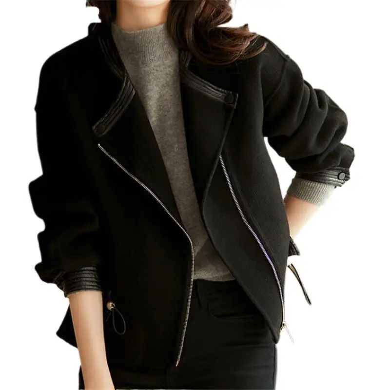 Real Wool Patchwork Genuine Leather Coat Jackets Women Female Sheep Skin Leather Drawstring Short Overcoats Zipper Outwear