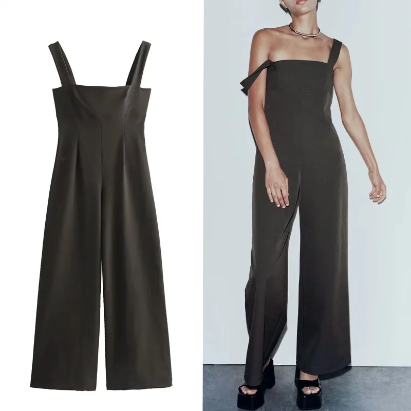 

Женские Длинные Комбинезоны TRAF из ткани, сексуальные комбинезоны с ремешком, шикарные комбинезоны с широкими штанинами, осенняя повседневная одежда