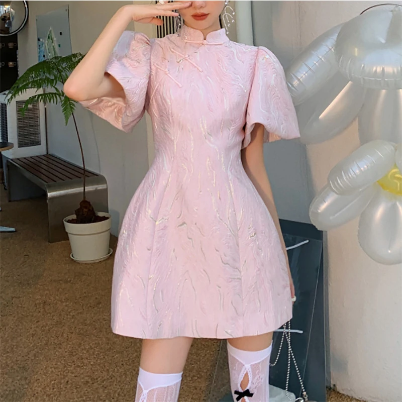 

2022 Spring Summer New Design Textured Retro Cheongsam Puff Sleeve Short Mini A-line Dress Women