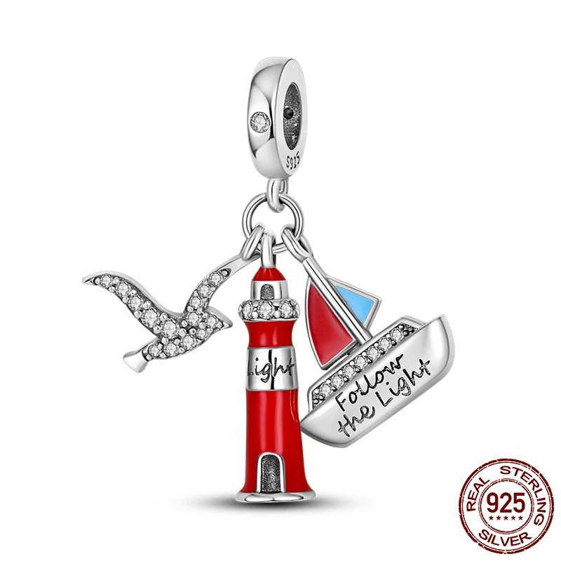 

925 Sterling Silver 2022 New Lighthouse Sailing Seagull Dangle Charm Beads Pendant Fit Original Pandora Bracelet Necklace DIY