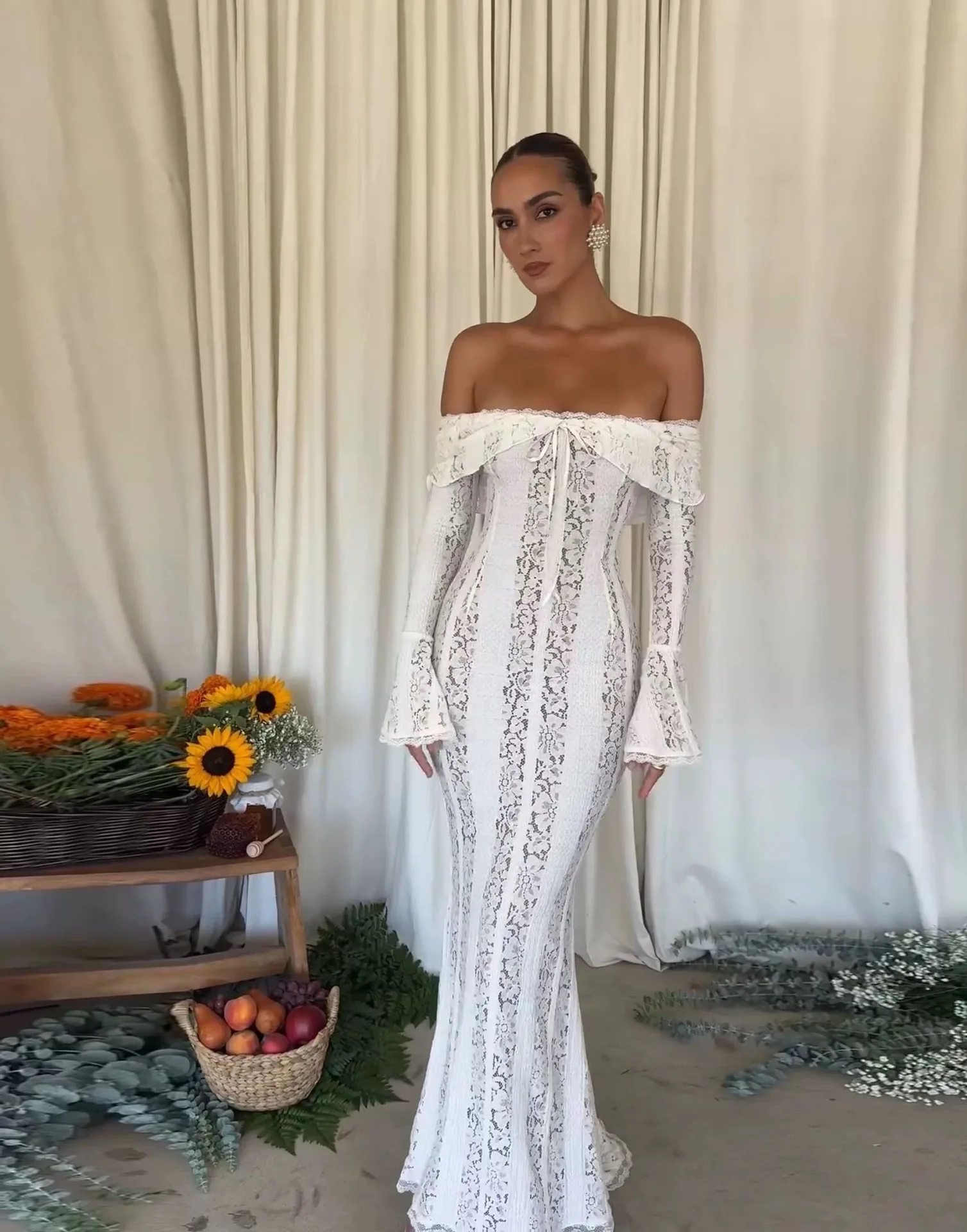 Шиферное Сексуальное Кружевное Платье макси с открытыми плечами элегантное