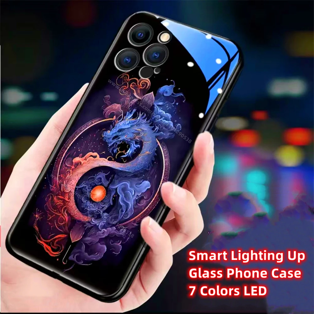 Чехол для телефона Dragon Totem Design Smart LED Light Glow из закаленного стекла iPhone 16 15 14 13 12 11 Pro Max