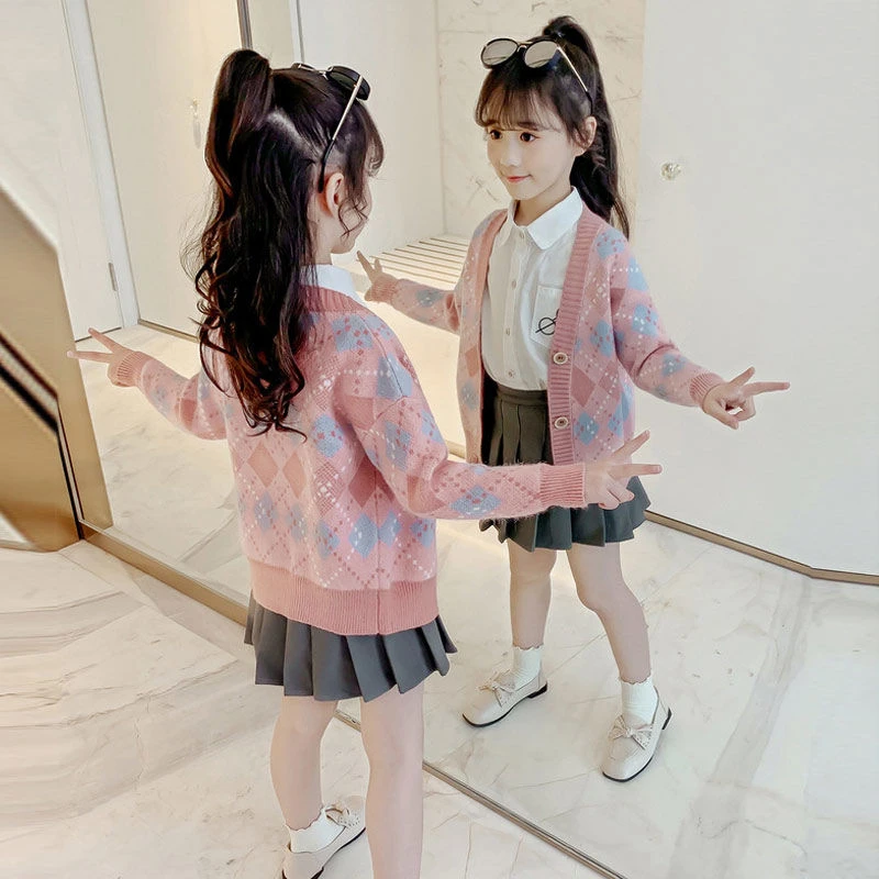 

Autumn Winter Kids Baby Girls Full Sleeve Single-breated Top Outwear Toddler Children Knitting Clothes Flocking Sweater Cardigan